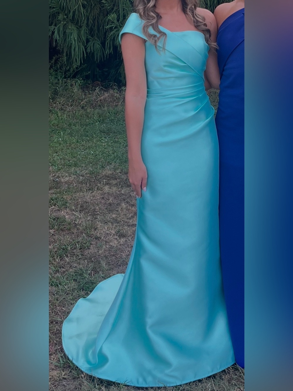 Jovani One-Shoulder Satin Mermaid Gown in Aqua Blue